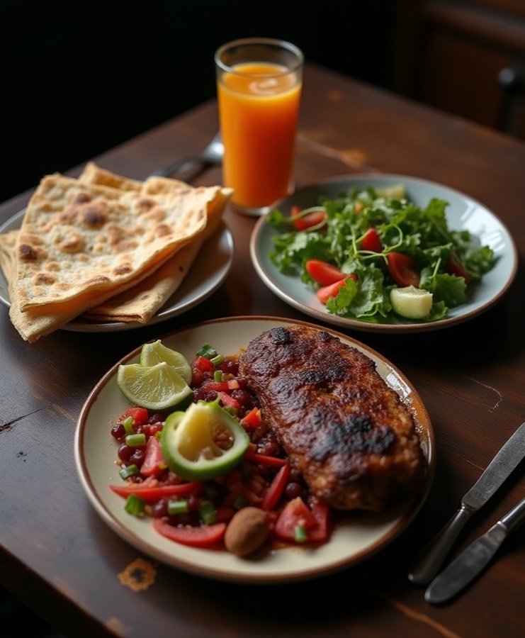 A real home-cooked plate — grilled meat, fresh salad and flatbread — ready to scan